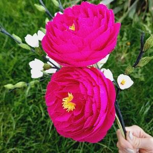 Artificial peony, Fake paper flowers for custom bouquet, Single stem flower, Hot pink interior flowers, 1st Mothers Day, Floral centerpiece