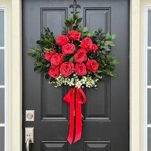 Valentine's Day Red Rose Bouquet for Front Door, Decorative Red Wreath, A Dozen Roses, Real Touch Flowers, Bouquet of Roses, Gifts for Her