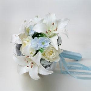 Wedding Bouquet of Tiger Lily, Roses. Dusty blue and white Bridal  bouquet or Prom bouquet  , groom boutonniere