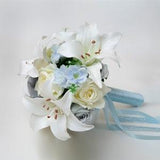 Wedding Bouquet of Tiger Lily, Roses. Dusty blue and white Bridal  bouquet or Prom bouquet  , groom boutonniere