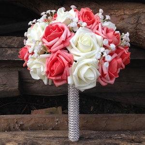 Coral Bridal Bouquet, Artificial Coral Ivory Flower Wedding Bouquet for Bridal Bridesmaids Bouquet DJ-43