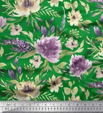 Soimoi Green Velvet Fabric Leaves & Peony Floral Printed Fabric-kdS