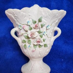 L'amore China Hand Painted Vase/ Planter with roses and blue Forget me not flowers with Reg. No