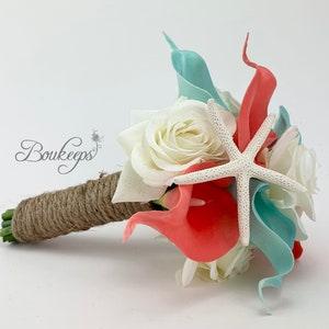 CHOOSE RIBBON COLOR - Coral and Robin??s Egg Blue Calla Lily Bouquet, Coral and Robin??s Egg Blue Bridal Bouquet, Beach Wedding, Starfish
