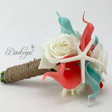 CHOOSE RIBBON COLOR - Coral and Robin??s Egg Blue Calla Lily Bouquet, Coral and Robin??s Egg Blue Bridal Bouquet, Beach Wedding, Starfish