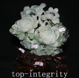 16.1'' Old China Natural Xiu Jade Carve Flower Bird Birds Tree Peony Statue