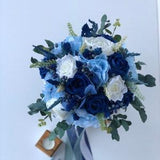 Dusty Blue, SLATE BLUE & Navy Blend Wedding Bouquet, Blues Ivory Bridal Bouquet, Real Touch Roses, Blue Wild Flowers, Boutonniere Corsage