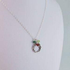 Holiday Necklace, Sterling Silver Wreath, Genuine Red Garnet, Green Onyx, Peridot, Gemstones, Child Children Girl, Christmas Jewelry