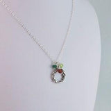 Holiday Necklace, Sterling Silver Wreath, Genuine Red Garnet, Green Onyx, Peridot, Gemstones, Child Children Girl, Christmas Jewelry