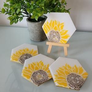 Sunflower Coasters, Wood and Resin Coasters, Hexagon Coasters, Unique Home Decor, Set of 4