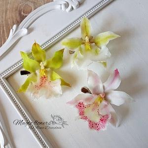 Cambria orchid hair clip and brooch - cold porcelain artificial flower - green and purple plant