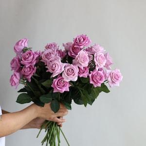 16" Mauve Purple Roses Real Touch Flowers, Lavender Faux Roses,  DIY Wedding Flowers Silk Bridal Bouquets Wedding Centerpieces