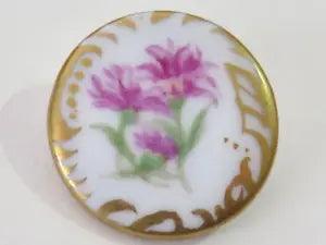 LG Med Hand Painted Porcelain Button - Pink Flowers, Dahlias Carnations