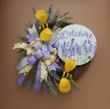 18" Welcome Purple Yellow Bee Lavender Floral Grapevine Wreath