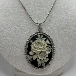 Vintage 1970s Faux Cameo - Carved White Flowers on Dark Bluish Black Backround - Oval Shape - Statement - Silver Tone - 30 inches long