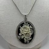 Vintage 1970s Faux Cameo - Carved White Flowers on Dark Bluish Black Backround - Oval Shape - Statement - Silver Tone - 30 inches long