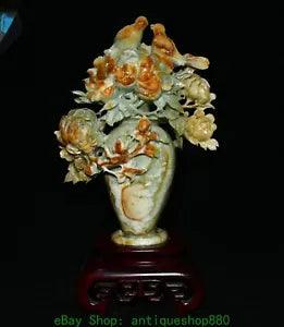 19.6'' Natural Xiu Jade Carving Peony Flower Bird Bottle Vase Statue Sculpture