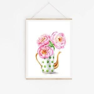 Peony Flowers Print, Pink Peony Flower Print, Pink Floral Wall Art, Peonies Watercolor Vintage Print, Peony Flowers Giclee Print