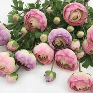 Ranunculus Stem with Bud, Artificial Flower with Foliage, Party Floral Arrangement, Rustic Wedding Centerpiece Decoration, Bouquet Material