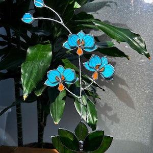 Stained glass Orchid flower Turquoise Tiffany with veins, Suncatcher 3D plant, Wedding Christmas Gift Outdoor and gardening decor
