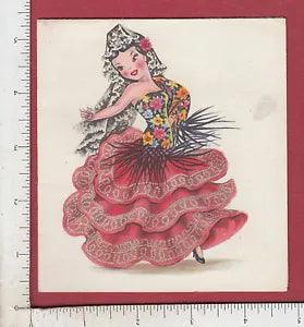 9665 Tichnor greeting card toy doll Spanish Flamenco dancer carnation flower