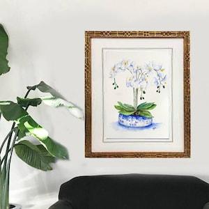White orchid plant, Chinese decor, Ming porcelain print, Chinoiserie bowl art, Blue and white, Oriental wall art,watercolor blue white print