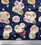 Soimoi Blue Velvet Fabric Dot & Ranunculus Floral Print Fabric by-VG4