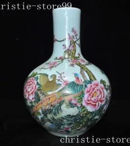China pastel porcelain bird peony peach blossom Zun Cup Bottle Pot Vase Jar