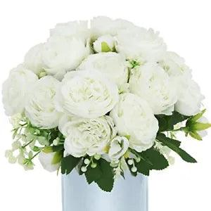 3 Bundles Artificial Peonies Fake Flowers Bulk, Faux White Silk Peony Bouquet