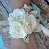 Ivory Flower Wrist Corsage & Boutonniere | Vintage Inspired Wedding | Satin Singed Roses Gold Leaf | Mother of Bride Bridal Baby Shower Prom