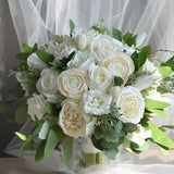 13" Luxry Faux Flowers White/Ivory Cream Bridal Bouquet, Real Touch Flowers Wedding Bouquets, Off White Roses, Ranunculus, Lisianthus