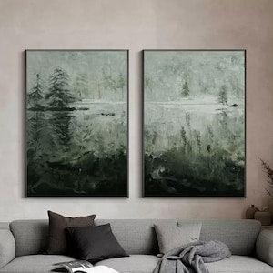 Abstract Landscape Painting Green Forest Abstract Art Set Of 2 Living Room Wall Art Green Wall Decor Green Home Decor Gradual Green Painting