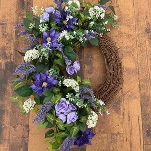 Purple Faux Floral Grapevine Wreath, Everyday Clematis Front Door Hanger, Ornamental Outdoor Porch Decor, Welcome Home Housewarming Gift,