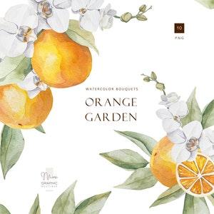 Watercolor orange bouquet, citrus wedding invitation, bridal shower clipart, floral bouquet, orange and orchid clipart,  flower blossom