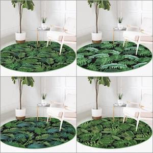 Tropical Plants Round Rug|Non-Slip Round Carpet|Farmhouse Green Leaves Circle Rug|Decorative Area Rug|Housewarming Green Black Floor Decor