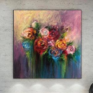 46x46" Flowers Abstract Art Still Life Oil Paintings On Canvas Floral Vivid Art Impressionism Paintings Roses Bouquet Painting