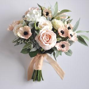 wedding bouquet, wedding flowers, bridal bouquet, boho, eucalyptus, poppy, anemone, rose, silk flowers, destination wedding, wedding, blush