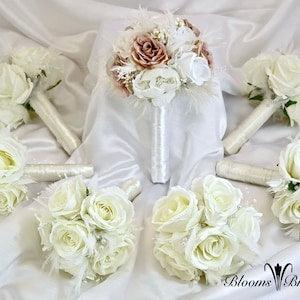 Bridal  bouquet Package,  Brooch and Feather Bridal bouquet Set, Bridesmaids bouquets Set,  Peony bouquet