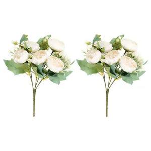 6 Branch Artificial Silk Peony Hydrangea Floral, 2 Pack Fake Flowers, White