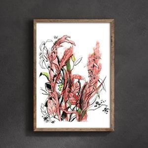 Abstract Plants and Herbs Canvas Art Print in Red and Green Colors, Abstract Botanical Painting, Abstract Art, Nature Print on Canvas Decor