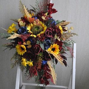 Sunflower rustic bridal bouquets, Fall wedding, Cascading bouquet, Boho wedding flowers
