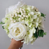Elegant European Faux Flower Bridal Bouquet with Ivory Roses, Hydrangea, Berries, and Eucalyptus