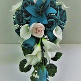 Teal Wedding Bouquet, Dark Turquoise Wedding Bouquet,  Teal Roses Cascade Bouquet, Teal, White, Blush Wedding Bouquet