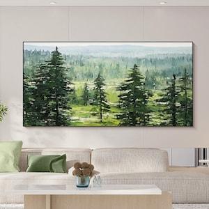 Original Forest Oil Painting On Canvas, Abstract Green Landscape Painting, Living Room Home Decor, Large Pine Tree Painting, Modern Wall Art