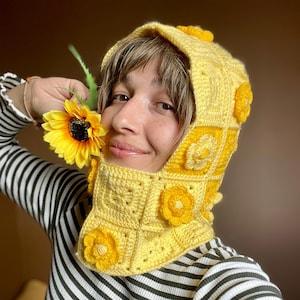 Crochet Daisy Balaclava, Yellow Balaclava, Handmade Floral Balaclava, Bhava's Style Hippi Balaclava, Winter Warm Hat, Yellow Flower Hat