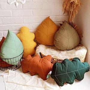 Woodland green Leaf pillow, Decorative Green Leaf Shaped Pillow, Terracotta Leaf throw pillow, Fall leaf Cushion, Embroidered pillow jungle