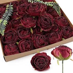 Burgundy Flowers Artificial Rose Heads 25pcs Silk Flower Heads Bulk Dried