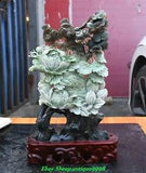16.1'' Chinese Natural Dushan Jade Carve Peony Flower Bird Birds Animal Statue