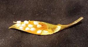 Vintage Lily Flower White Enamel Beads Stunning Gold Tone Pin Brooch 3" Long