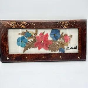 Vintage Pressed Dried Flowers Foliage Wood Hanging Keys Wall Decor Signed 8x17